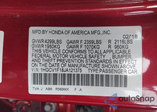 1HGCV1F18JA121375: 43169545