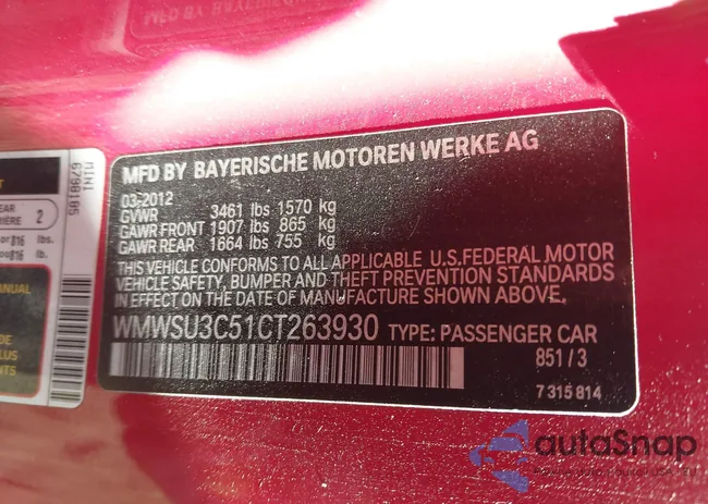 WMWSU3C51CT263930: 43168620