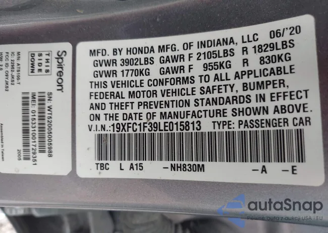 19XFC1F39LE015813: 43168865