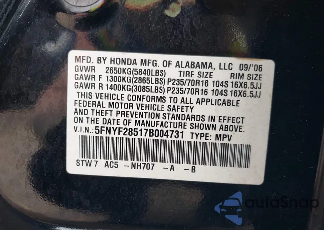 5FNYF28517B004731: 43170245