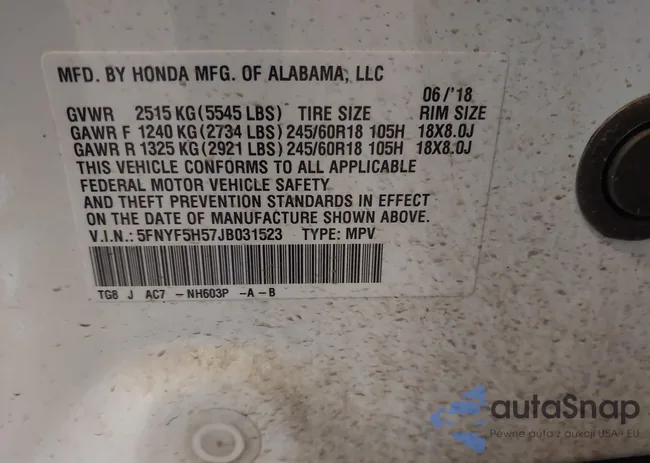 5FNYF5H57JB031523: 43169866