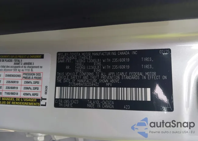 2T2BAMBA1SC058402: 43169929