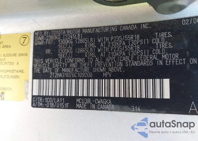 2T2HA31U76C109200: 43171220