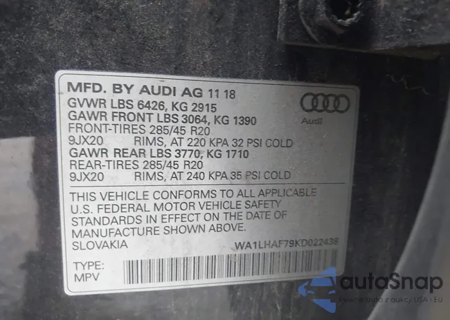 WA1LHAF79KD022438: 43170945