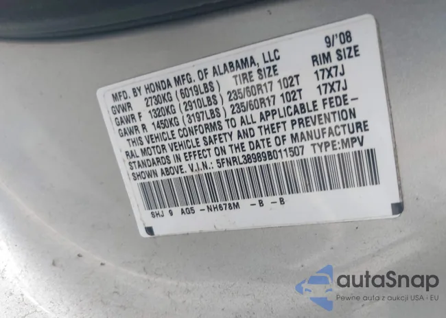 5FNRL38989B011507: 43172082