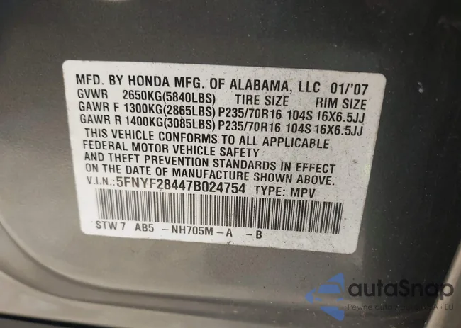 5FNYF28447B024754: 43172116