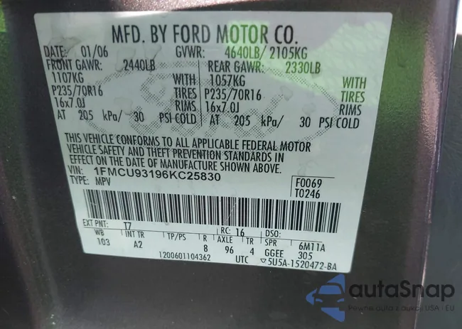 1FMCU93196KC25830: 43172420