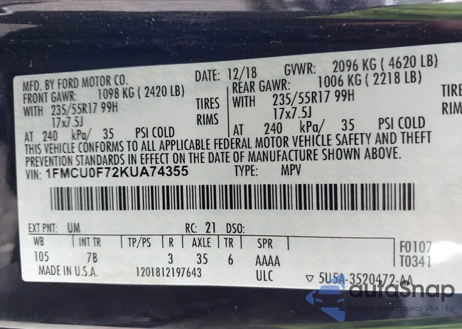 1FMCU0F72KUA74355: 43171901