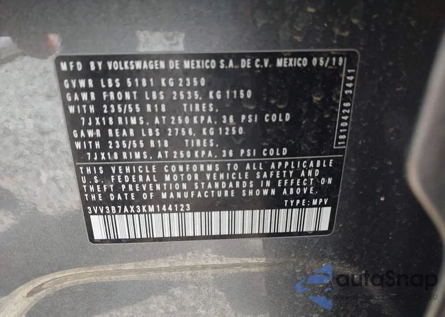 3VV3B7AX3KM144123: 43172705