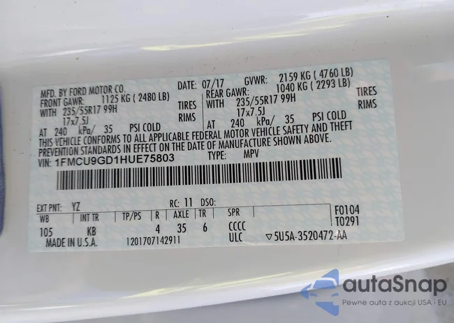 1FMCU9GD1HUE75803: 43172761