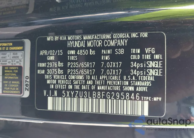 5XYZU3LB8FG295846: 43174087