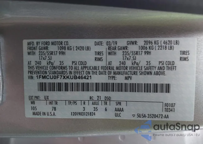 1FMCU0F7XKUB46421: 43174437