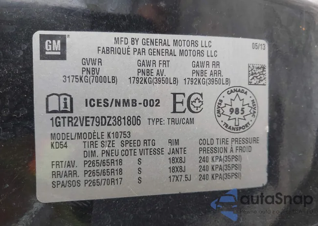 1GTR2VE79DZ381806: 43175231