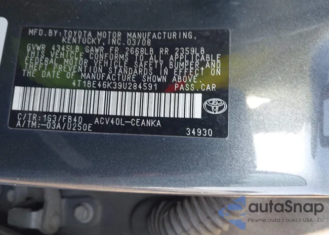 4T1BE46K39U284591: 43174891