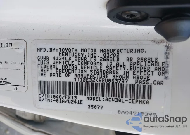 4T1BE32K62U063797: 43176367