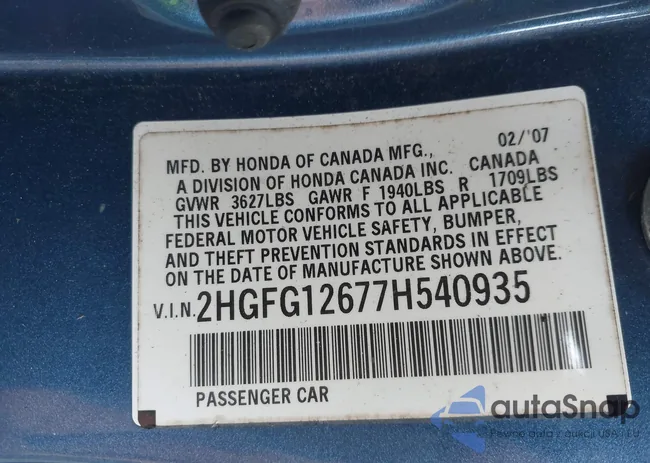 2HGFG12677H540935: 43175670