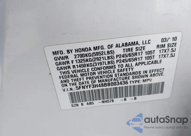 5FNYF3H48BB003436: 43175882