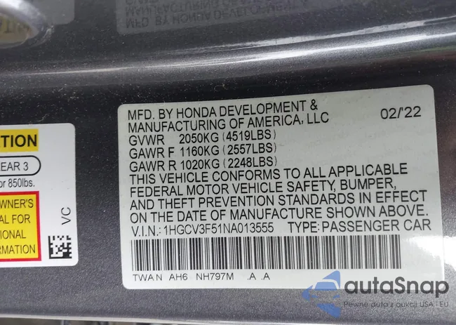 1HGCV3F51NA013555: 43178343