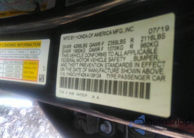 1HGCV1F42KA139124: 43180145