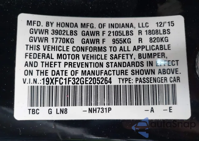 19XFC1F32GE205264: 43180181