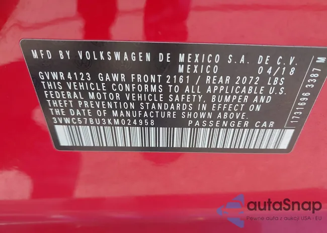 3VWC57BU3KM024958: 43180200