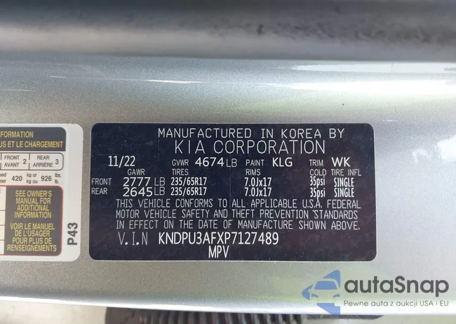 KNDPU3AFXP7127489: 43180230