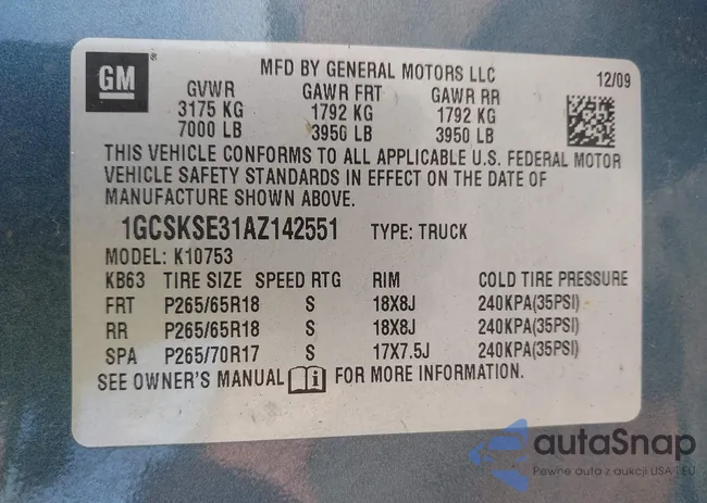 1GCSKSE31AZ142551: 43180449