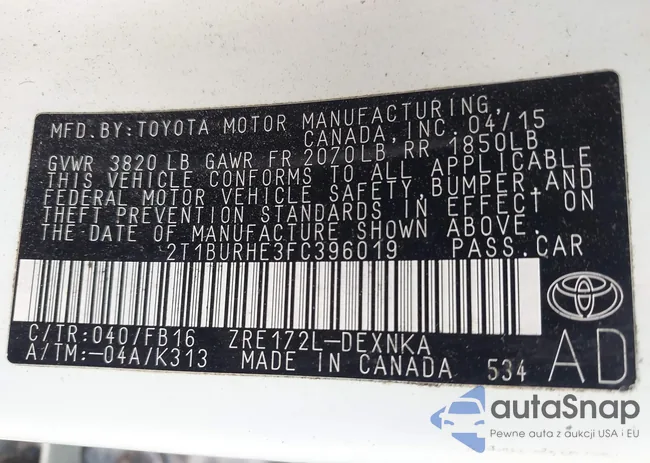 2T1BURHE3FC396019: 43181276