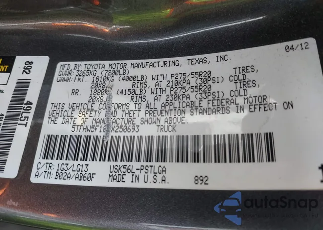 5TFHW5F18CX250693: 43182648