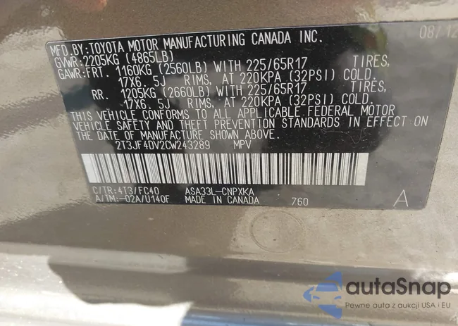 2T3JF4DV2CW243289: 43184282