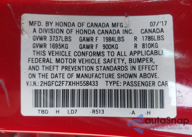 2HGFC2F7XHH558433: 43184334