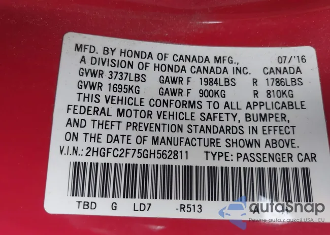 2HGFC2F75GH562811: 43184784