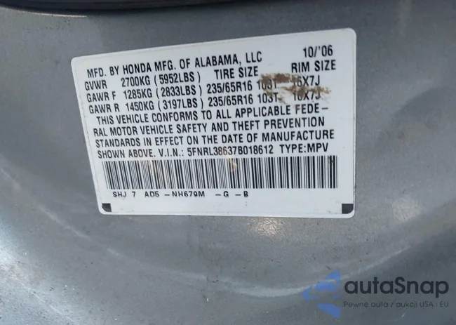 5FNRL38637B018612: 43186305