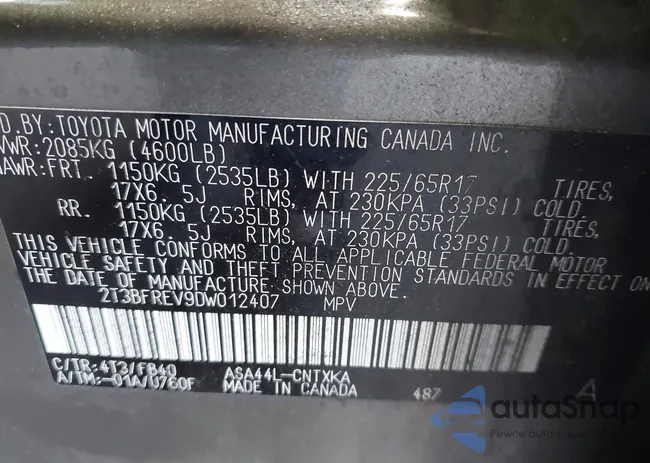 2T3BFREV9DW012407: 43186516