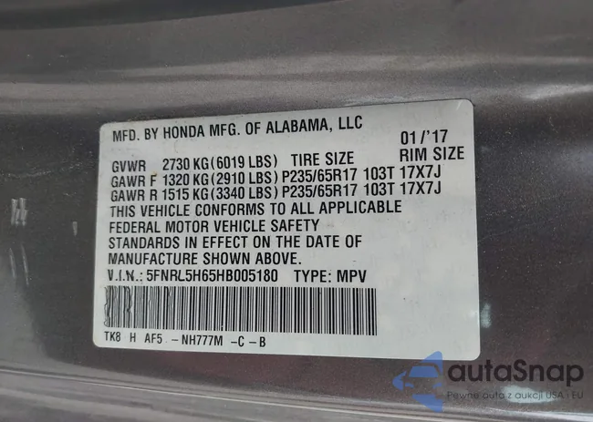 5FNRL5H65HB005180: 43185624