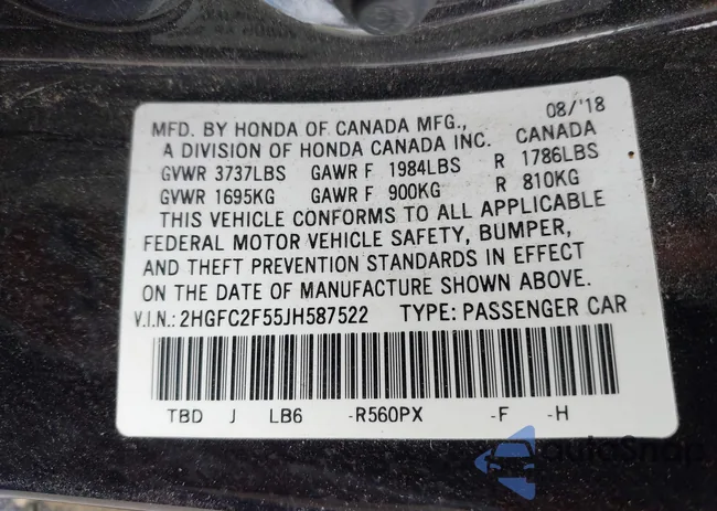 2HGFC2F55JH587522: 43185937