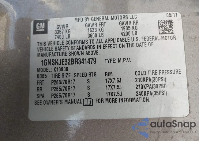 1GNSKJE32BR341479: 43187282