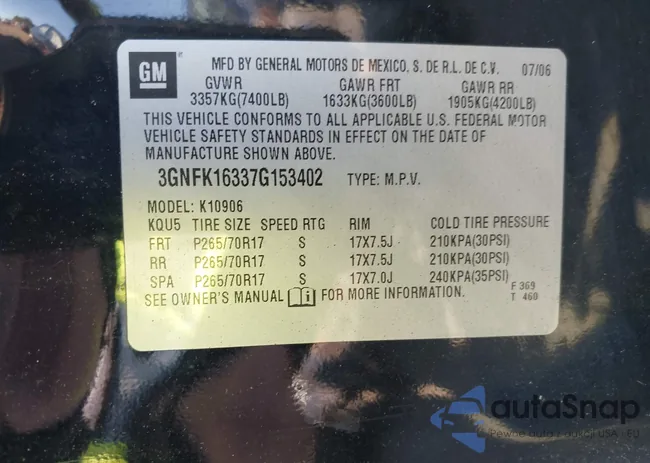 3GNFK16337G153402: 43187505