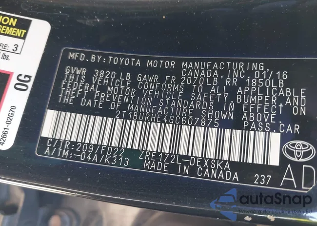 2T1BURHE4GC607875: 43187543