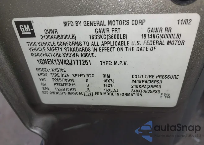 1GNEK13V43J177251: 43188186