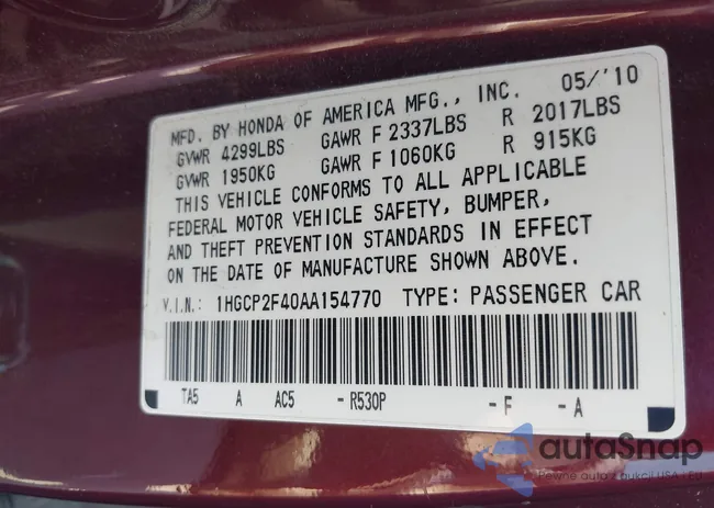 1HGCP2F40AA154770: 43188401