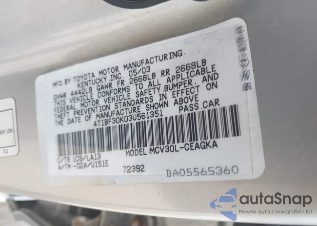 4T1BF30K03U561351: 43188419