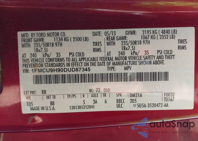 1FMCU9H90DUD87345: 43188460