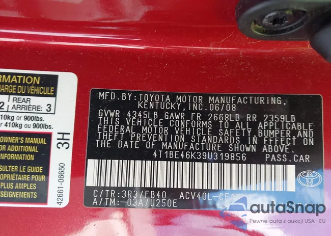 4T1BE46K39U319856: 43187667