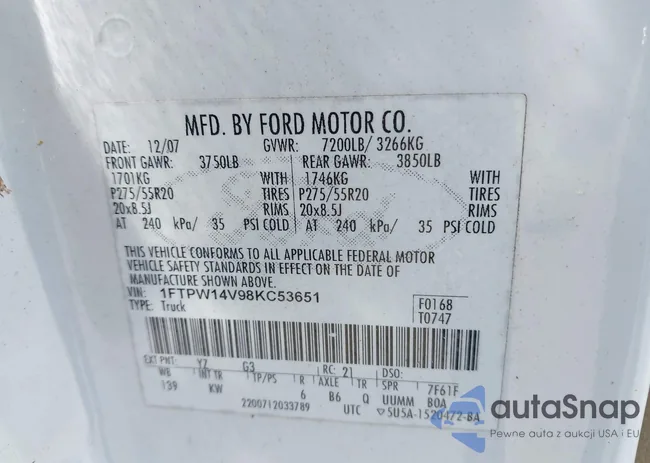 1FTPW14V98KC53651: 43189130