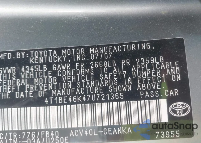 4T1BE46K47U721365: 43188587