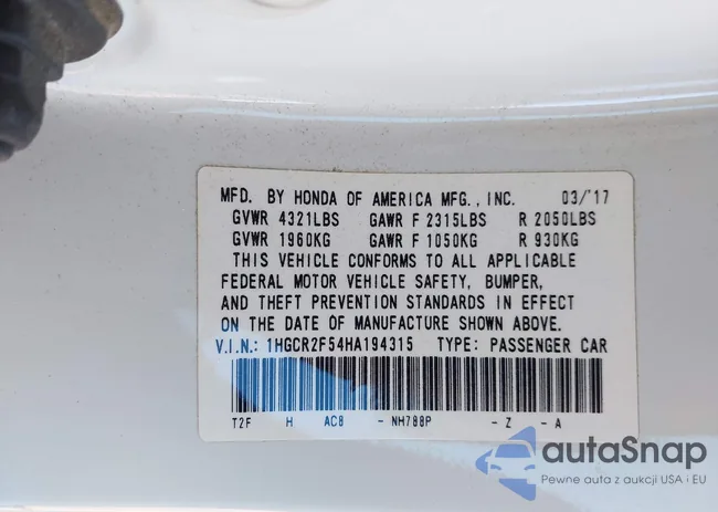 1HGCR2F54HA194315: 43188630