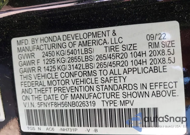 5FNYF8H56NB026319: 43188847