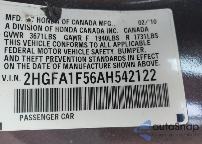 2HGFA1F56AH542122: 43190409