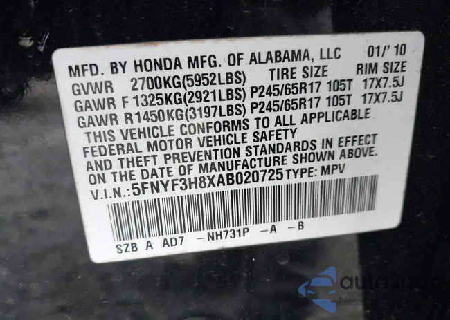 5FNYF3H8XAB020725: 43191067